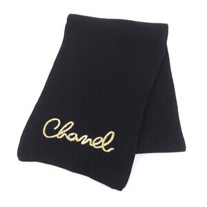 CHANEL (2022 model, 22A) 100% Cashmere Knit Scarf/Stole with Embroidered Scri...